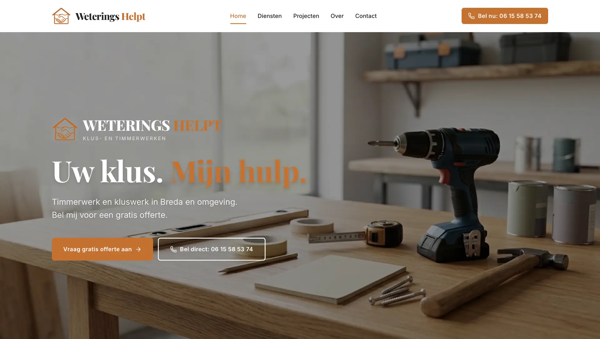 Screenshot van de website van Weterings Helpt